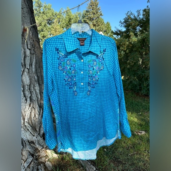 Multiples Paisley & Blue Linen Checkered Button Down Casual Blouse Womens Medium - Picture 12 of 17